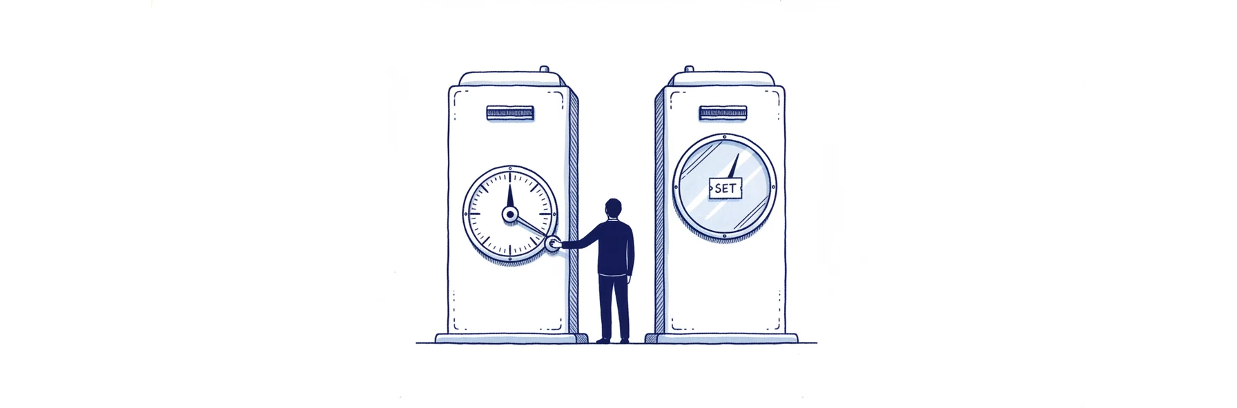 Blue ink illustration: a small figure stands between two identical machines, one dial free under their hand, the other sealed behind glass already set, tagged SET.