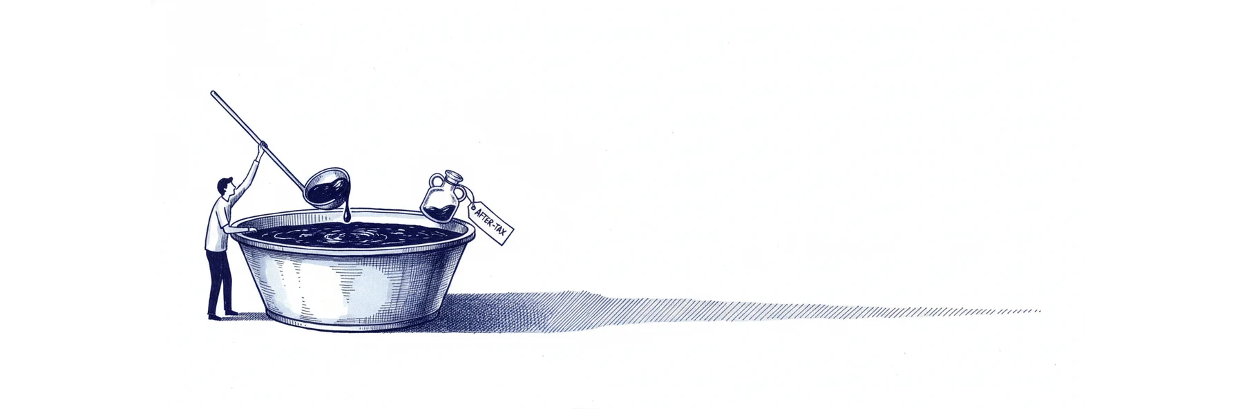 Blue ink illustration: a small figure has poured a clear jug tagged AFTER-TAX into a wide vat of dark ink and draws up a ladle that comes out the same dark mixture, not clear.