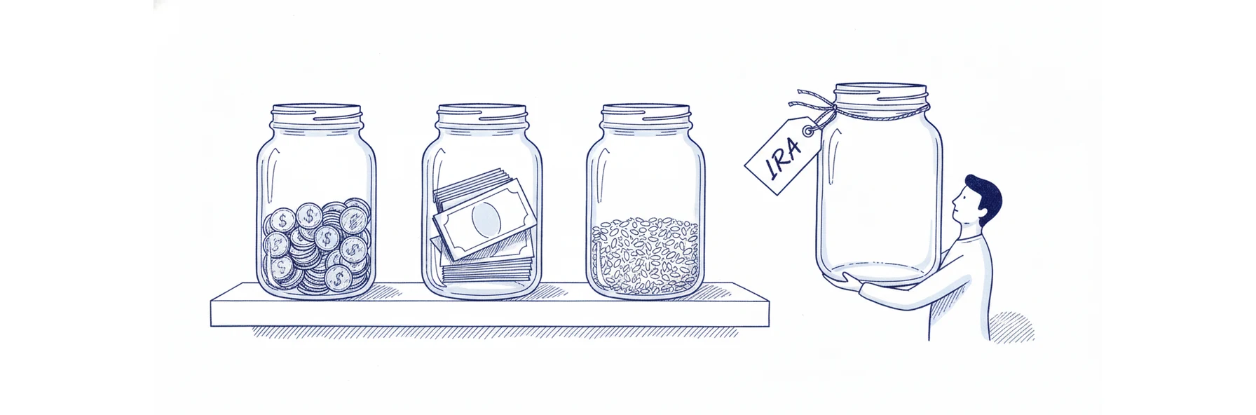 Blue ink illustration: a small figure holds an empty glass jar tagged IRA up to the light looking for a rate printed on it, while three identical untagged jars behind stand filled to different heights with coins, notes and seeds.