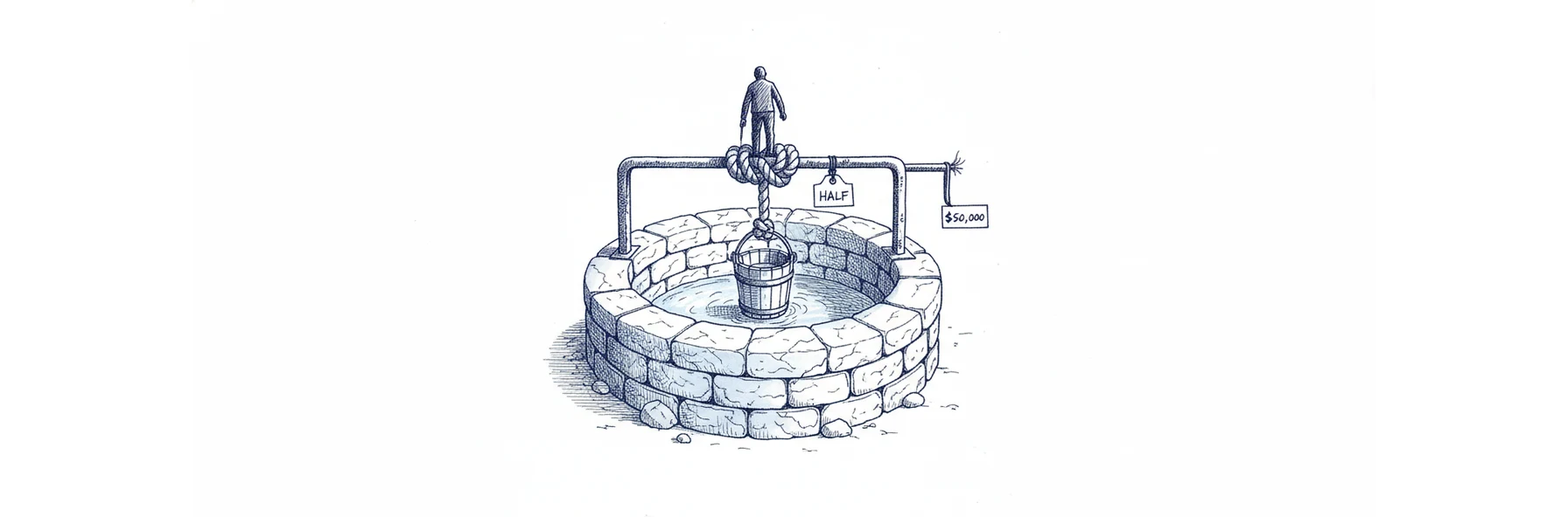 Blue ink illustration: a small figure lowers a bucket into a deep well but a knot jams against a fixed ring tagged HALF, stopping it halfway above the water, with a second tag at the rope's cut end reading 50,000 dollars.