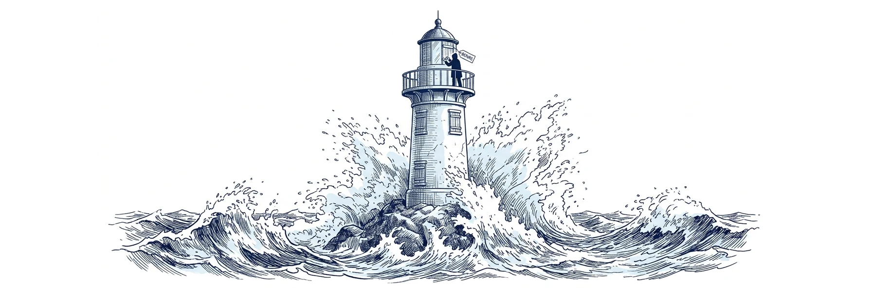 Blue ink illustration: a small figure bolts storm shutters onto a lighthouse above a raging sea, one shutter tagged BEFORE, while enormous waves break against the rock below.