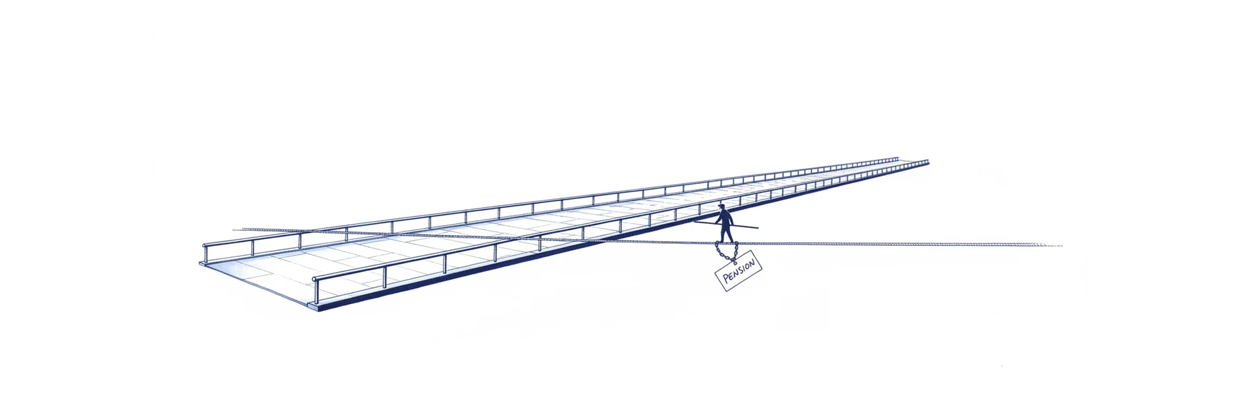 Blue ink illustration: a small figure balances along a thin rope with a pole, while beside them a wide solid stone walkway runs at the same height, empty and closed off by a chain bearing a tag reading PENSION.
