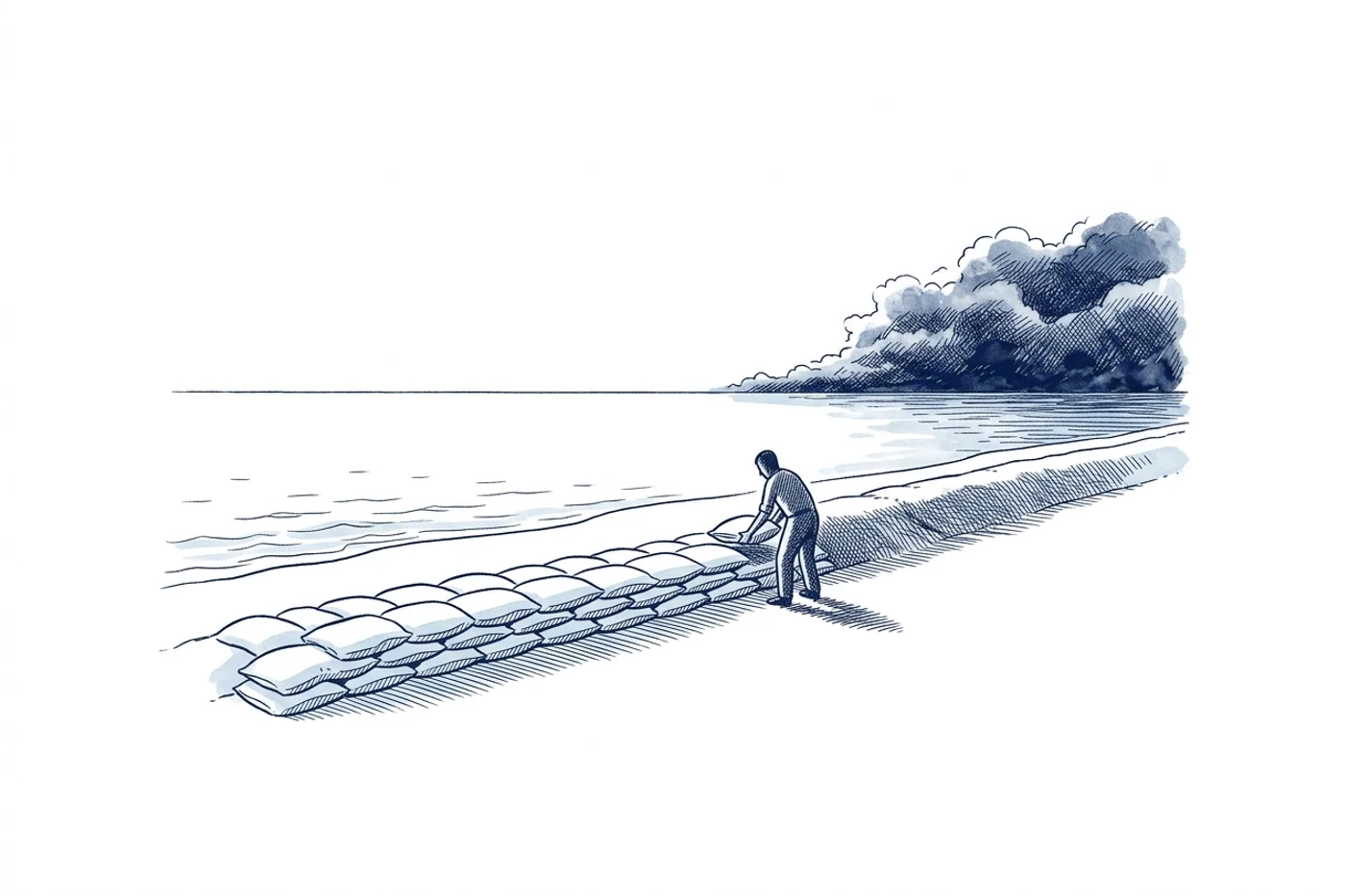 Blue ink illustration: a small figure calmly stacks sandbags on a dike under a clear sky, while a storm front darkens the far horizon over the sea.
