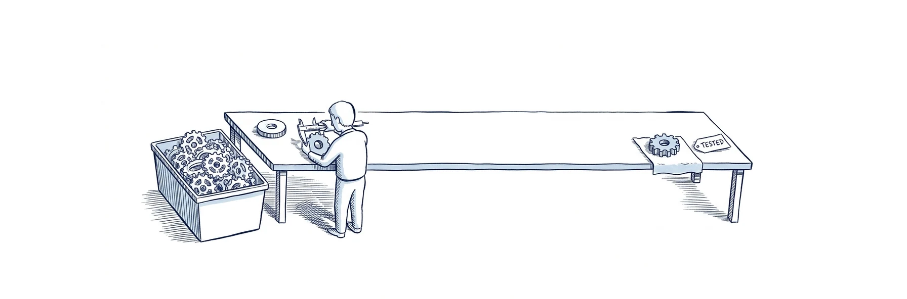 Blue ink illustration: a small figure at a long workbench measures one gear with calipers, a heap of visibly identical shiny gears discarded in a bin beside them, a single gear set apart on a cloth under a tag reading TESTED.