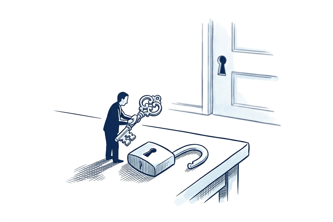 Blue ink illustration: a small figure at a workbench polishes an ornate key that fits the open lock lying in front of them, while the closed door across the room carries a visibly different keyhole.
