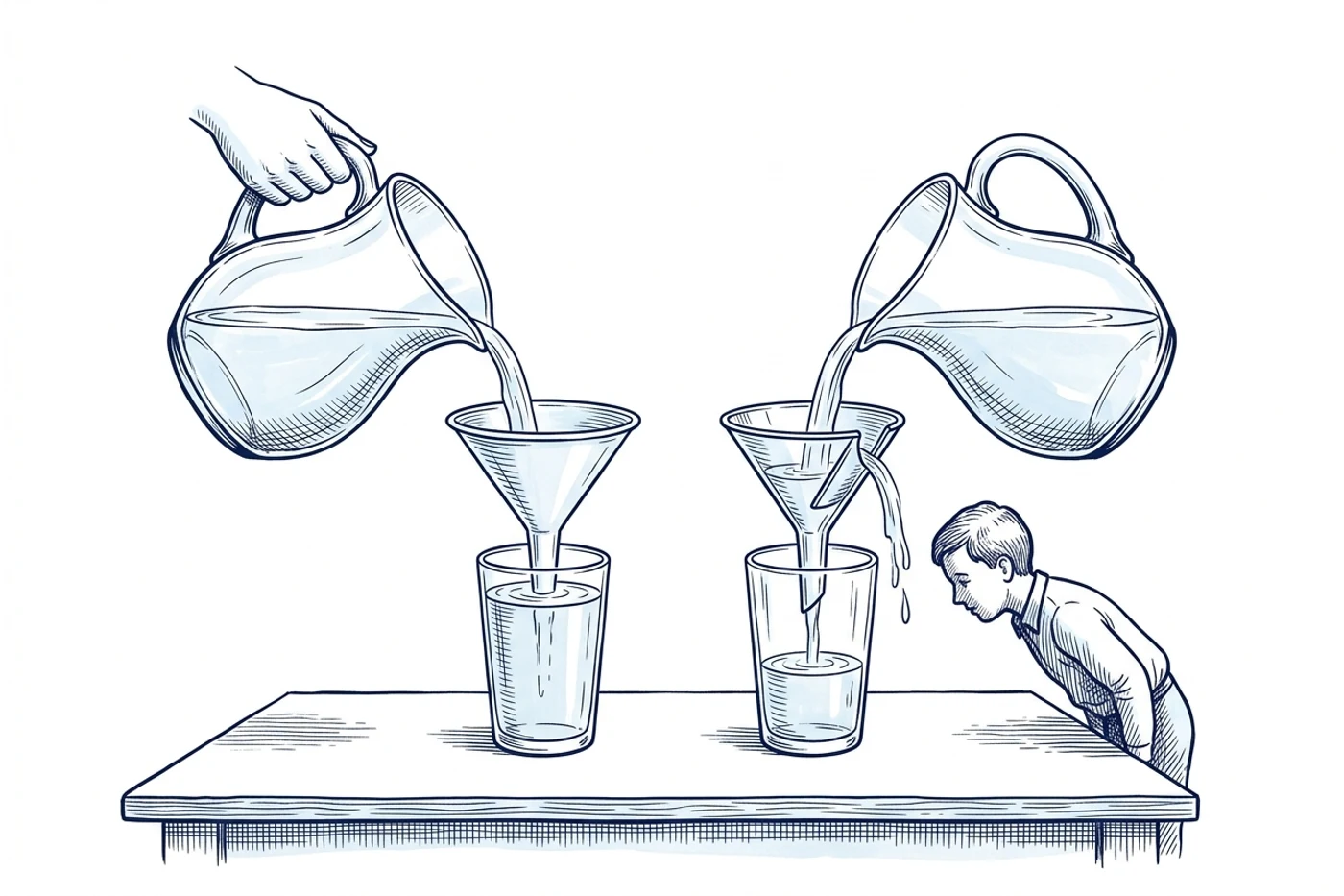 Blue ink illustration: two identical jugs pour the same water through two differently shaped funnels into two glasses; one glass ends visibly fuller than the other.