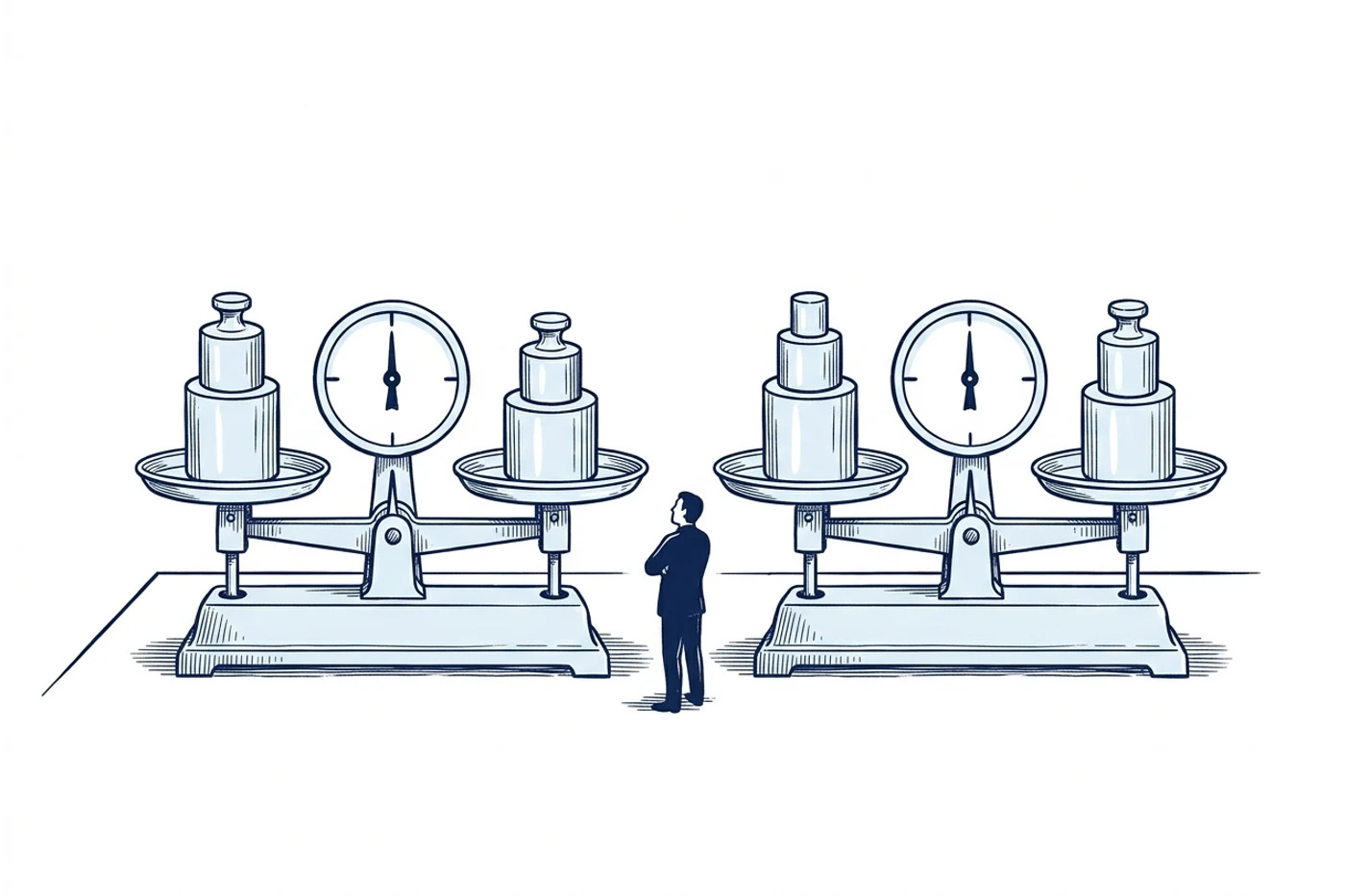 Blue ink illustration: two workers' scales each weigh the same three weights stacked in a different order; both needles point to the same mark.