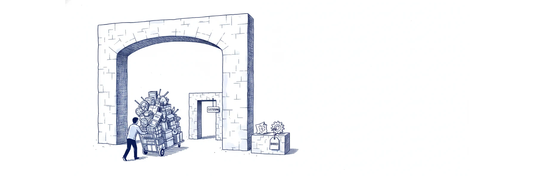 Blue ink illustration: a small figure pushes a loaded trolley through an enormous open archway past a plinth of two refused objects tagged BARRED, toward a much narrower doorway tagged CUSTODIAN.