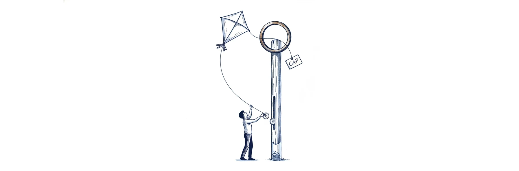 Blue ink illustration: a small figure flies a kite whose string passes through a fixed ring on a post, capping its height, tagged CAP, while feeding coins into a worn slot in the same post.